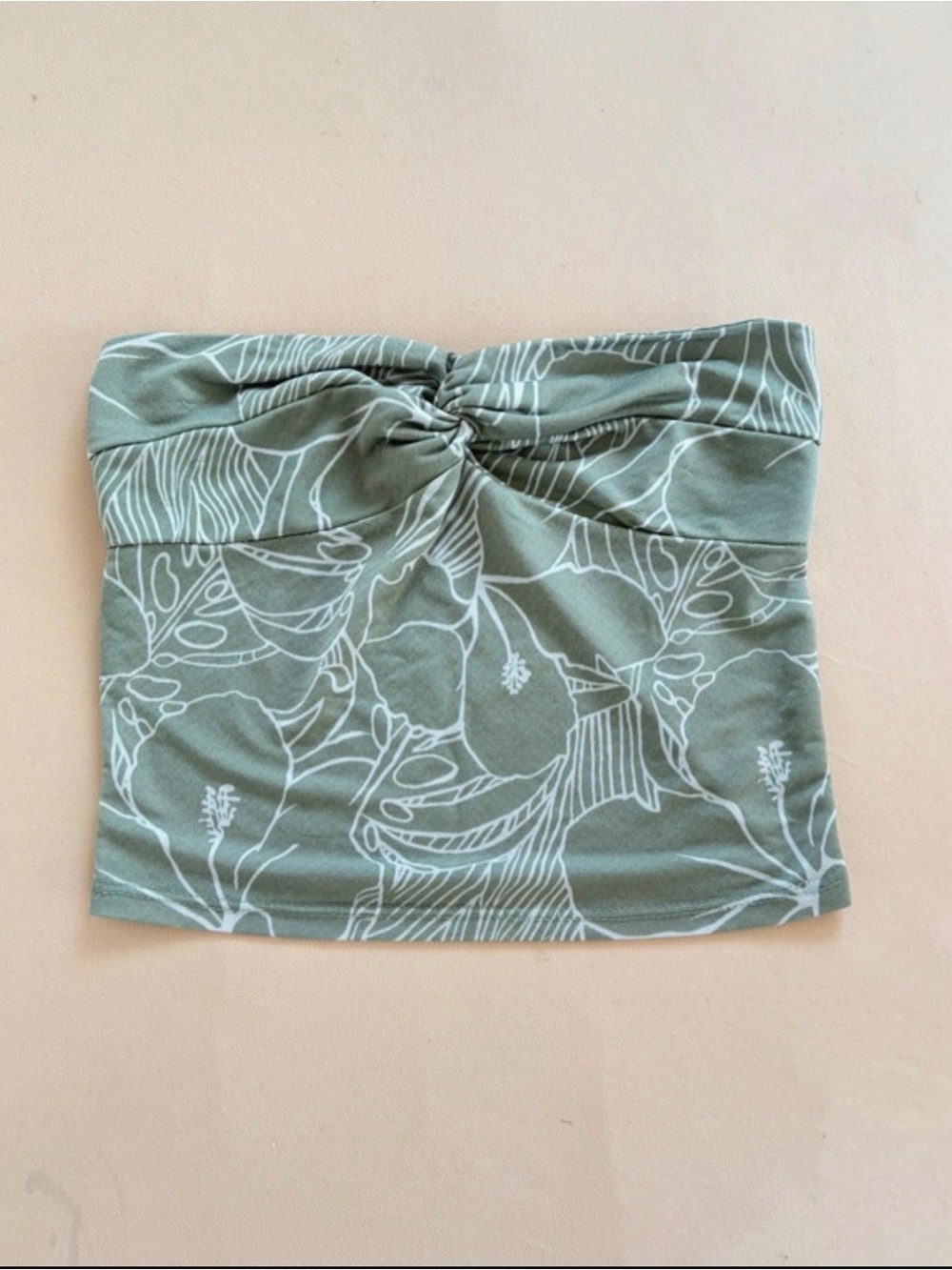 Zara Sage Green Twist-Front Strapless Crop Top with White Botanical Print